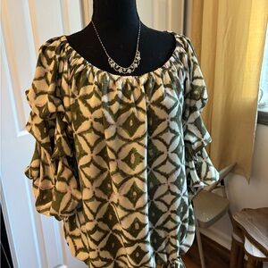 CeCe Olive and Cream Patterned Blouse